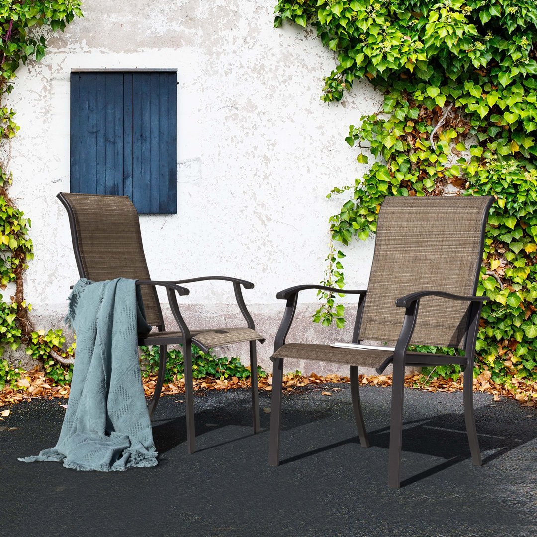 Outdoor Patio PVC-Coated Dining Armchair, Powder-Coated Iron Frame for Patio, Black and Brown